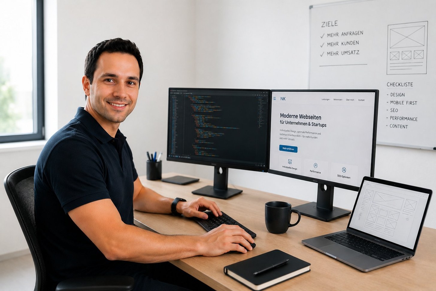 Webentwickler mit Code- und Design-Vorschau